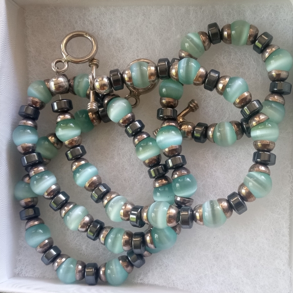 Sterling Silver Blue/Green Cat's Eye Hematite Beaded Vintage Necklace/Bracelet - Picture 3 of 11